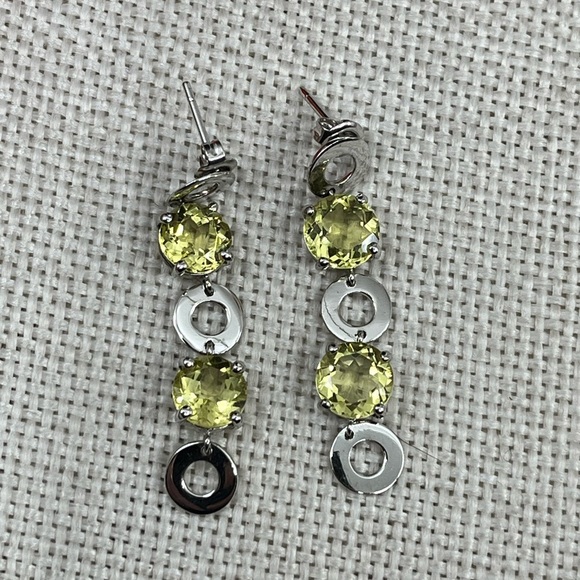 Vintage KN 925 Sterling Silver Yellow-Green Gemstone Dangle Earrings - Picture 7 of 17